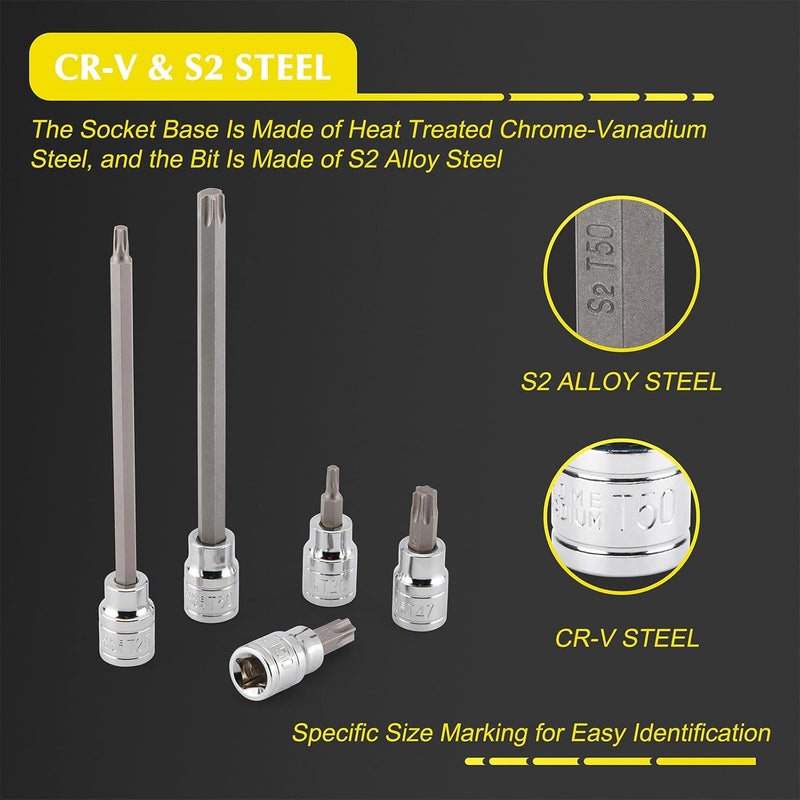 EMENTOL 3/8 Inch Drive Torx Bit Socket Set, Extra Long Star Bit Sockets, 24-Piece, Cr-V and S2 Alloy Steel, T10-T50 - Image 3